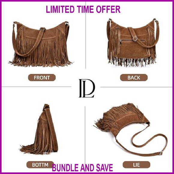 Vintage Vegan Suede Hobo Crossbody Bag with Fringe Tassels, Multi-Pocket - Picture 7 of 8